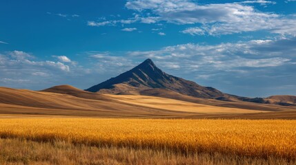 Fototapeta premium scenic mountain landscape with golden grass fields under blue sky and clouds natural view.