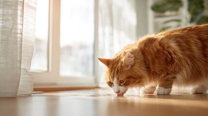 Calm ginger cat stretching and sniffing on wooden floor by sunny window in home.