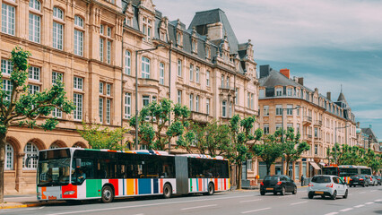 Luxembourg. Bus on Bus stop near High Authority of the European Coal and Steel Community. Traffic...