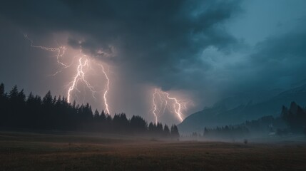 Dramatic lightning strikes over a dark stormy sky with thunderclouds and forest.
