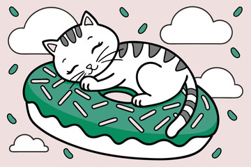 Cute cat sleeping on a giant sweet donut with colorful sprinkles