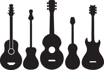 Collection of five black silhouette guitar icons on a white background	