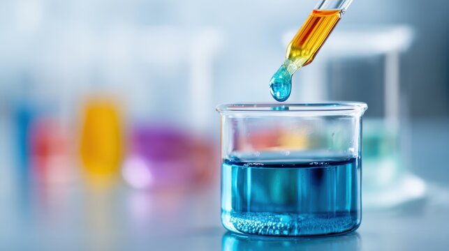 Close-up of a glass beaker with vibrant blue liquid and a pipette transferring blue liquid.