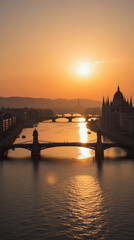 Danube River Hungary — Sunset on the Danube in Budapest with Reflections of Historic Buildings and Bridges
