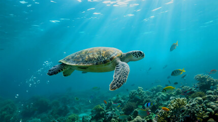 Fototapeta premium Sea turtle swims gracefully among vibrant corals, bathed in ocean sunlight
