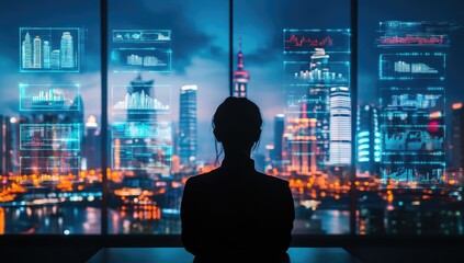 Silhouette figure gazing at a city skyline overlaid with digital data displays