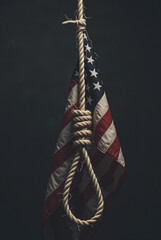 Fictional Concept: American Flag as a Noose — A Rope Fashioned from the U.S. Flag Suspended Symbolically in Darkness, Representing Freedom Strangled and the Nation in Crisis
