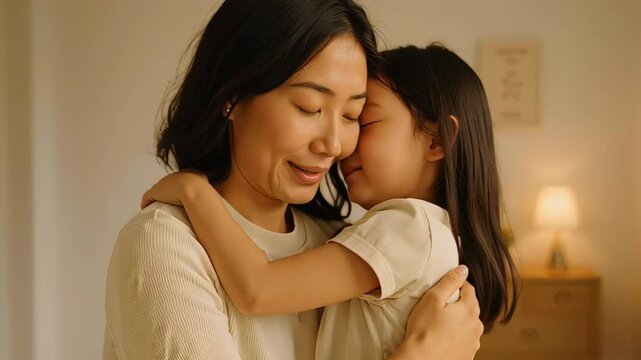 adoring young asian mother embracing her cheerful toddler daughter in a cozy living room filled with warm light and emotional warmth