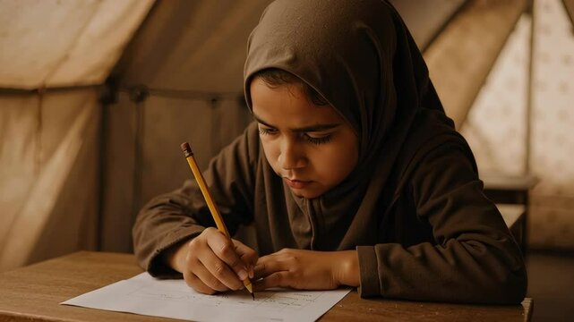 young girl studying intently at a wooden table inside a tent, focused on her drawing with a pencil, showcasing determination and creativity in a simple classroom setting