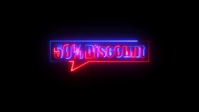 Neon Glowing Discount  icon animation, 100% discount video animation, or 50% discount neon icon animation, sale discount store price shopping motion