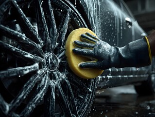 A gloved hand scrubs the intricate black wheel of a car with a yellow sponge, creating foamy soap suds.