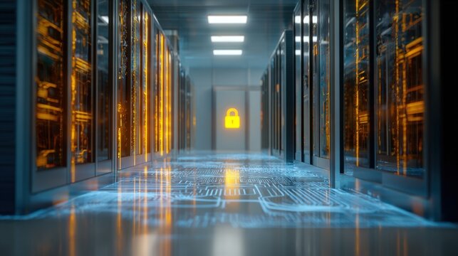Modern data center server racks with glowing lights and secure digital technology. - Powered by Adobe