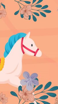 Animation of horse and flowers icons over pink background