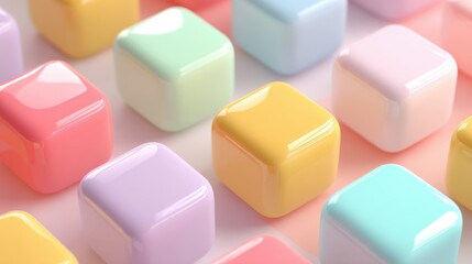 Obraz premium Colorful pastel square candies with glossy smooth surfaces arranged in pattern.