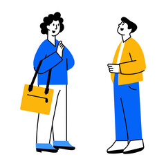 Flat style illustration showing two people talking in hallway
