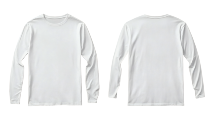Plain white long sleeve t-shirt mockup front and back view on transparent background