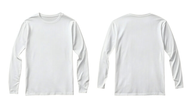 Plain white long sleeve t-shirt mockup front and back view on transparent background