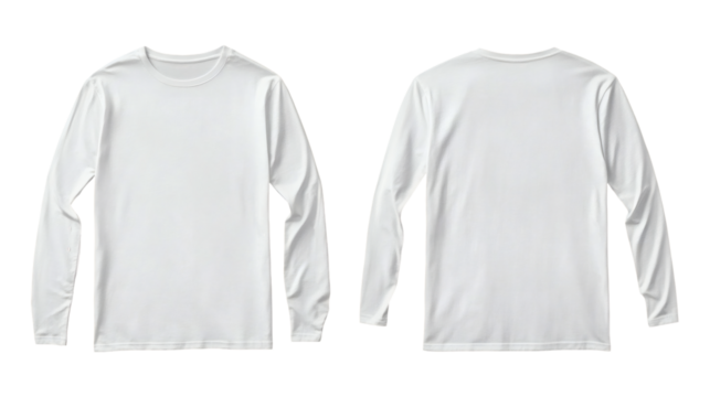 Plain white long sleeve t-shirt mockup front and back view on transparent background