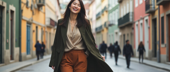 Korean Woman in Maxi Coat Laughing in Porto Portugal
