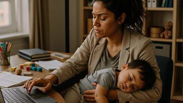 stressed woman working from home with sleeping child in her arms, balancing family and career under pressure, modern office setting, remote work challenges