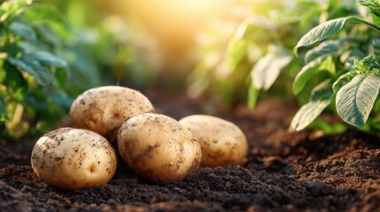 Freshly harvested organic potatoes growing in soil among green foliage under sunlight.