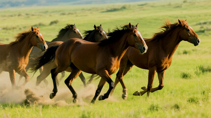 Wild horses run free across a grassy meadow in a beautiful landscape