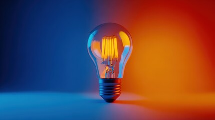 Illuminated incandescent light bulb glowing with warm and cool colors on background.