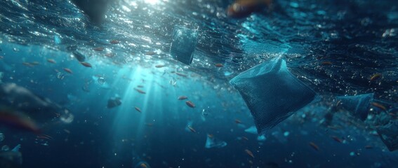 Underwater ocean pollution with plastic bags and debris. Sunlight streams through the water