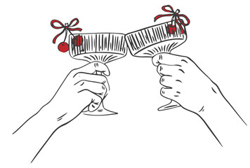Hand drawn chalk cheers. Cheers or drinking couple toast drawing. Hands with cocktail glass and cherry drawings for wedding invitations, menus and parties.  Clipart vintage ink doodle sketch style