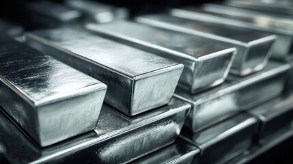 Close-up of stacked shiny silver metal ingots with reflective surface and detailed texture.