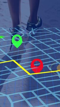 Navigator pin over navigation map line scheme against low section of african american man running