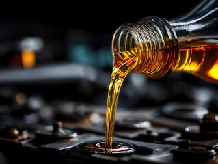 Golden motor oil pours from a clear glass bottle into a car engine du a routine maintenance procedure.