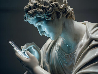 Marble statue of a young man with curly hair, intently using a smartphone, showcasing a blend of classical art and modern technology in a dramatic lighting setting