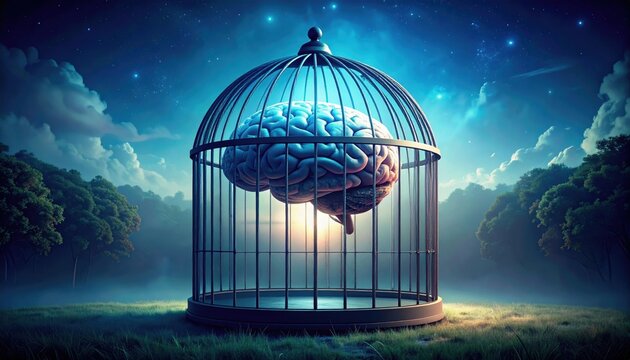 A glowing human brain suspended inside a large birdcage in a mystical, moonlit landscape with trees and starry sky.