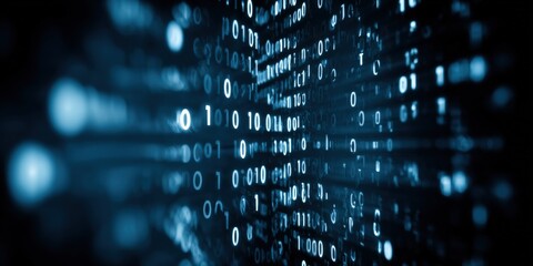 Digital Binary Code Stream in Dark Blue with Bright Glowing Data Sequence.