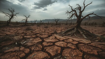 Desolate barren landscape with dry cracked earth under ominous overcast dramatic sky