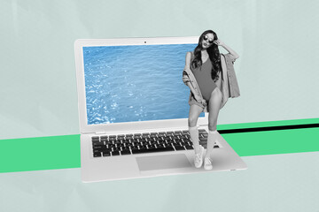 Composite 3D collage of laptop internet online virtual technology display sea water travel young...