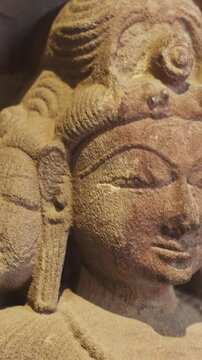 Close-up view on Ancient Stone Bas-relief Of Brahmani Or Brahmi, One Of Seven Hindu Mother Goddesses Known As Sapta Matrikas. She Is Aspect Of Adi Shakti, Possessing rajas Guna And Source Of Brahmas