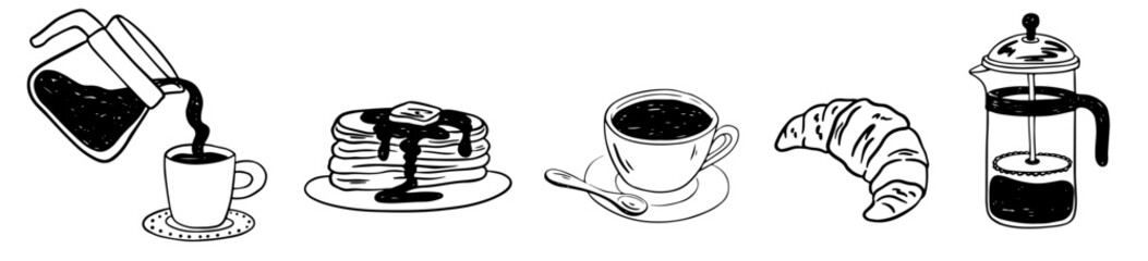 Hand drawn breakfast doodles set. Vector illustration of coffee and food icons in chalk, crayon drawing style for invitations, menus, parties. Minimalist line art. La dolce vita italian style.  