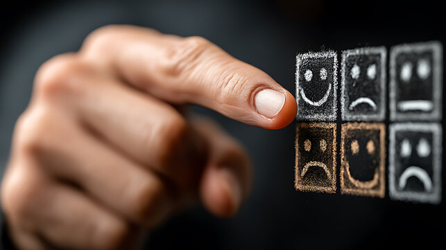 Persons finger pointing to happy face on blackboard illustrating customer satisfaction and feedback rating system showing positive emotion - Powered by Adobe