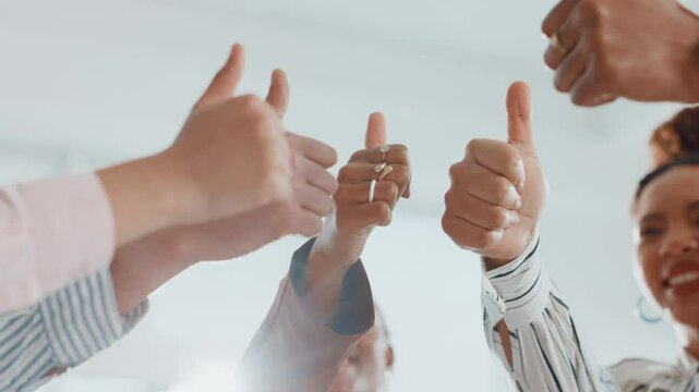Business people, hands and meeting with thumbs up in office for winning or success together. Group, community or employees with like emoji, yes sign or ok for good job, well done or team in workplace