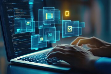 Hands typing on laptop with email interface overlay