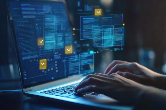 Close-up of a laptop displaying floating code snippets and confirmation icons. Hands typing on the keyboard.  Digital interface - Powered by Adobe