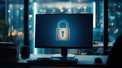 Computer Monitor Displaying Lock Icon in Dark Room with City Lights Background.