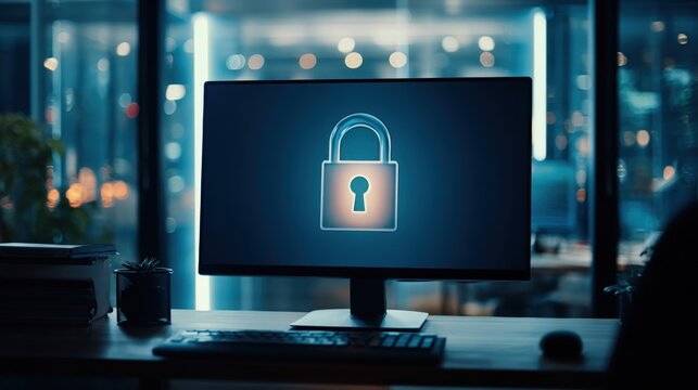 Computer Monitor Displaying Lock Icon in Dark Room with City Lights Background. - Powered by Adobe