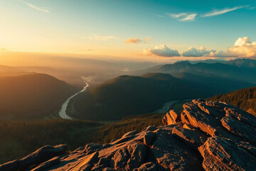 Fototapeta premium Sunrise Over Mountain Range with Winding River and Rocky Foreground