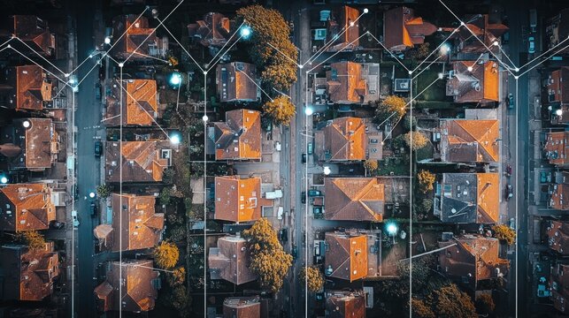 Aerial view of a connected neighborhood with illuminated smart home technology network.
