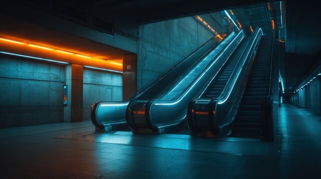 Modern underground subway station with illuminated escalators and futuristic design. - Powered by Adobe