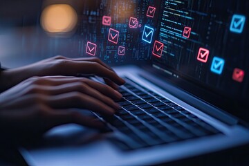 Close-up of hands typing on a laptop, email icons and code overlay (1)