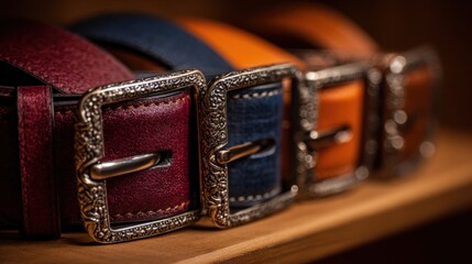 Close-up of colorful leather belts with ornate metal buckles on wooden display shelf.